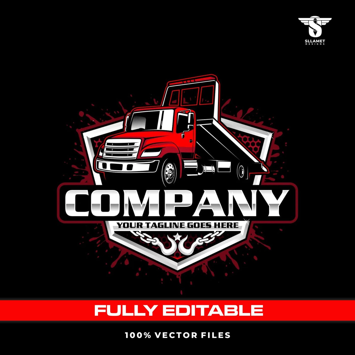 American flatbed tow truck logo template for roadside recovery in SVG AI EPS PNG editable vector format