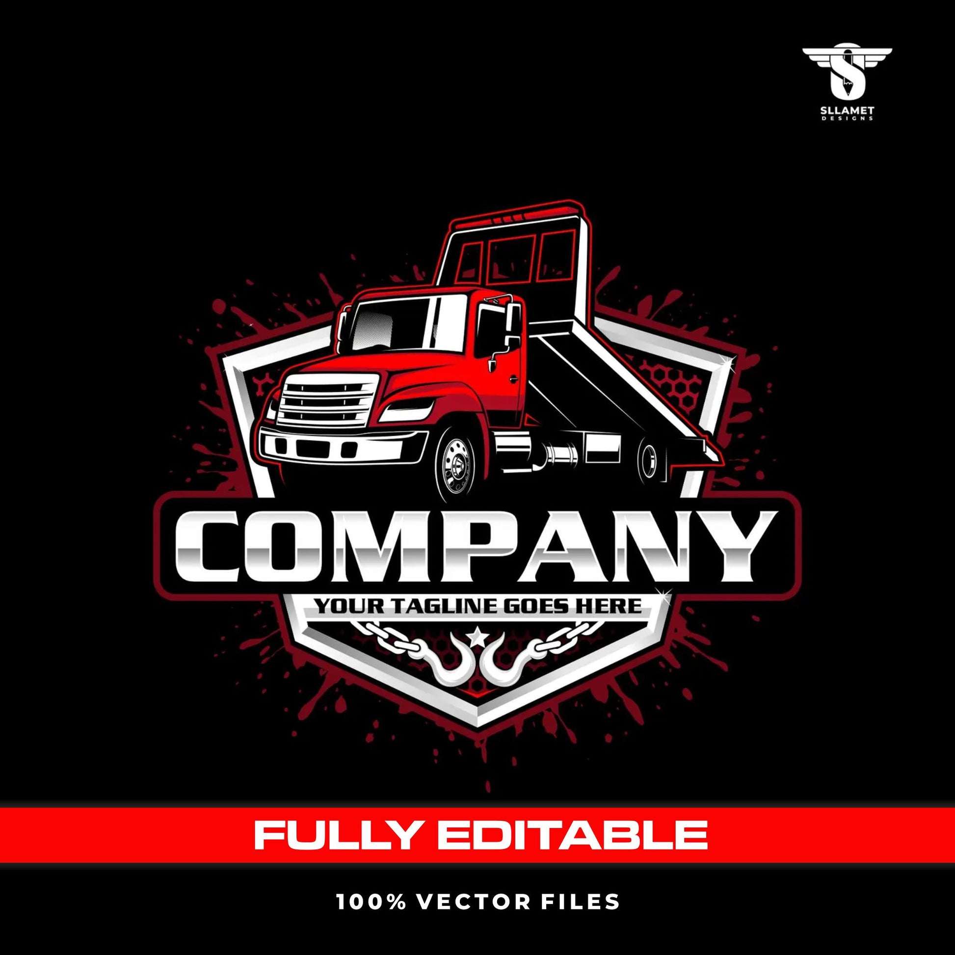 American flatbed tow truck logo template for roadside recovery in SVG AI EPS PNG editable vector format