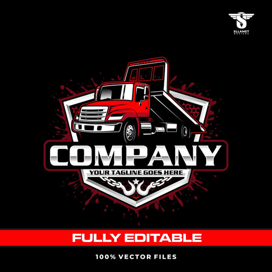 American flatbed tow truck logo template for roadside recovery in SVG AI EPS PNG editable vector format