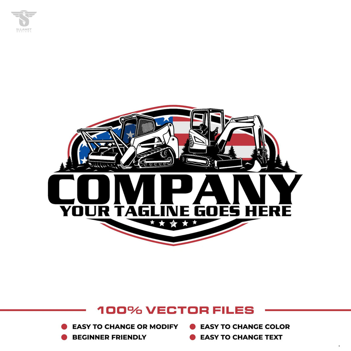 USA compact equipment logo template with skid steer mulcher and mini excavator in SVG AI EPS PNG editable vector format