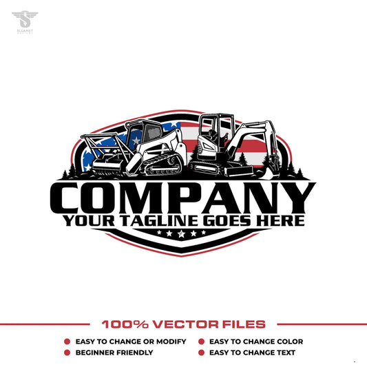 USA compact equipment logo template with skid steer mulcher and mini excavator in SVG AI EPS PNG editable vector format